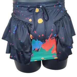 Black Tiered Ruffle Mini Skirt With Paint Splash Design | Medium